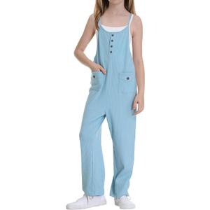 Girls Jumpsuit Loose Summer Kids Casual Spaghetti Strap Long Pants Romper with Pockets 5-12 Y (Blue)