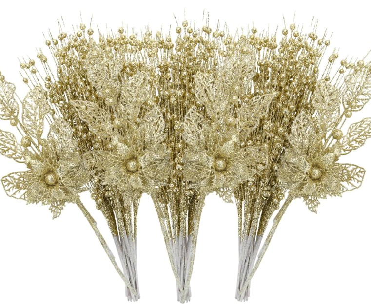 ROSELEAF 28 Pack Artificial Glitter Berry Stem Ornaments, Gold Christmas Ornaments Flower Branches Picks for Xmas Tree Decoration Gift Decor Small Vase Home Holiday Wedding Party Decor