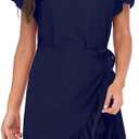 Womens Long Sleeve Round Neck Ruffles Wrap Dresses Party Dress (Blue)