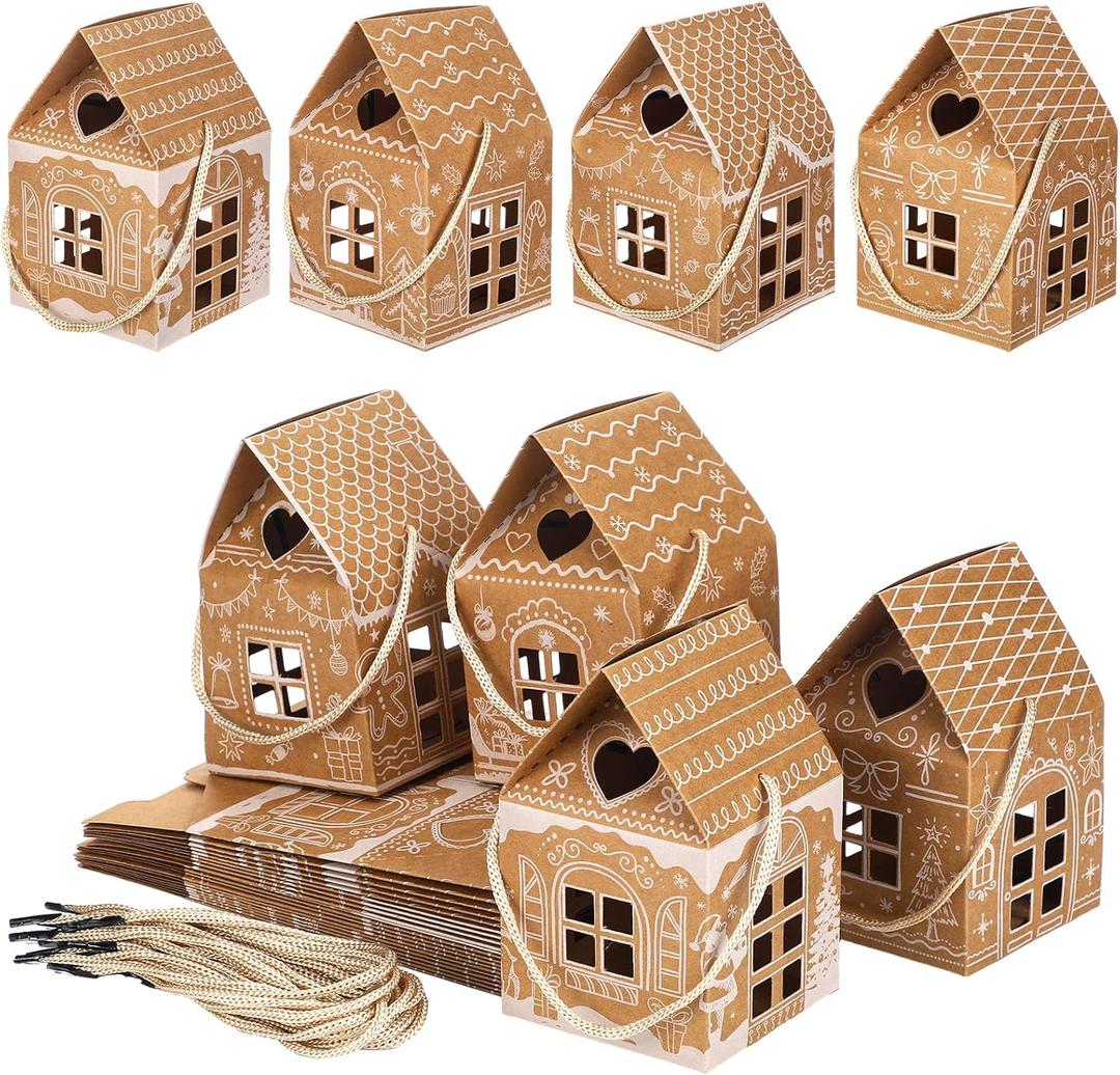 Gersoniel 24 Pcs Christmas Gift Boxes Candy Gingerbread House Mini Christmas Party Favor Box Small Paperboard Gift Container for Xmas Holiday Party Treat Cookie Goodie Snack Packaging (Brown)