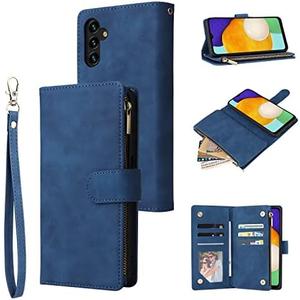 QLTYPRI Wallet Case for Samsung Galaxy A35 5G, Premium Vintage PU Leather Zipper Pocket Case with Card Holder Slots Magnetic Closure Kickstand Wrist Strap Shockproof Flip Folio Case - Blue