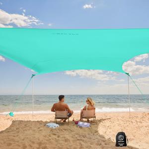 WEKAPO Beach Tent Sun Shelter - Easy Setup Beach Canopy with 4 Sturdy Poles, Large Sandbags and Shovel, 6'7'' Tall, Windproof Sun Shade for Backyard and Camping, UPF 50+ Protection (Turquoise)