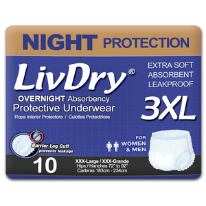 LivDry 3XL Overnight Adult Diapers for Women and Men, XXXL Incontinence Underwear, 72”-92" Waist, Disposable Pull-On Briefs, XXX-Large, 40 Pieces