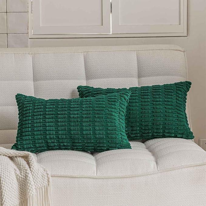 JUSPURBET Dark Green Lumbar Soft Corduroy Throw Pillow Covers 12x20 inch Set of 2 with Invisible Zipper for Sofa Couch Bed Christmas Decorative Boho Solid Rectangle Striped Cushion Covers