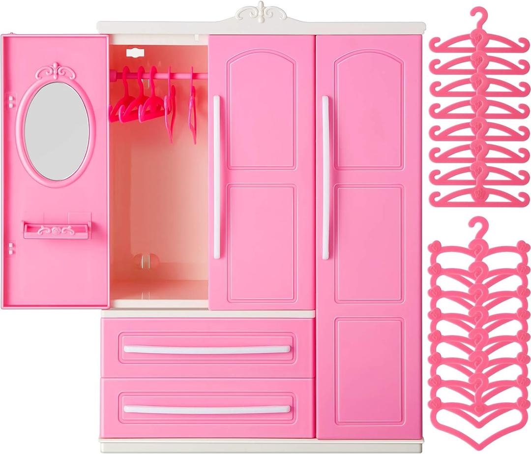 Doll Closet Furniture Wardrobe Clothing Organizer Doll Open Wardrobe Dollhouse Closet with 20 Pieces Hangers 2 Style Pink Plastic Hangers Dollhouse Furniture Accessories(Classic Style)