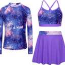 Girls Swimsuit Long Sleeve Swim Shirt 3 Piece Rash Guard for Girls Bathing Suit with Boyshorts (12 Years, Purple Starry Sky)