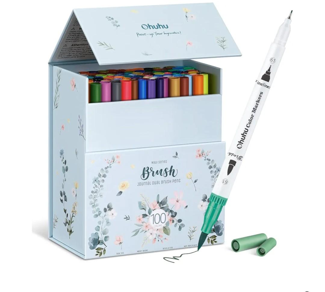 Ohuhu Markers for Adult Coloring Books No Bleeding 100 Colors Coloring Markers Water-based Dual Tips Fineliner & Brush Drawing Pens Art Pens for Kids Adults Sketch Journal - Maui - White