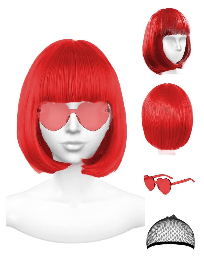 Red Wig and Party Sunglasses, Wig for Women, Short Bob Wigs with Bangs, Bright Red Wig with Neon Glasses Red Wig for Women (Red)