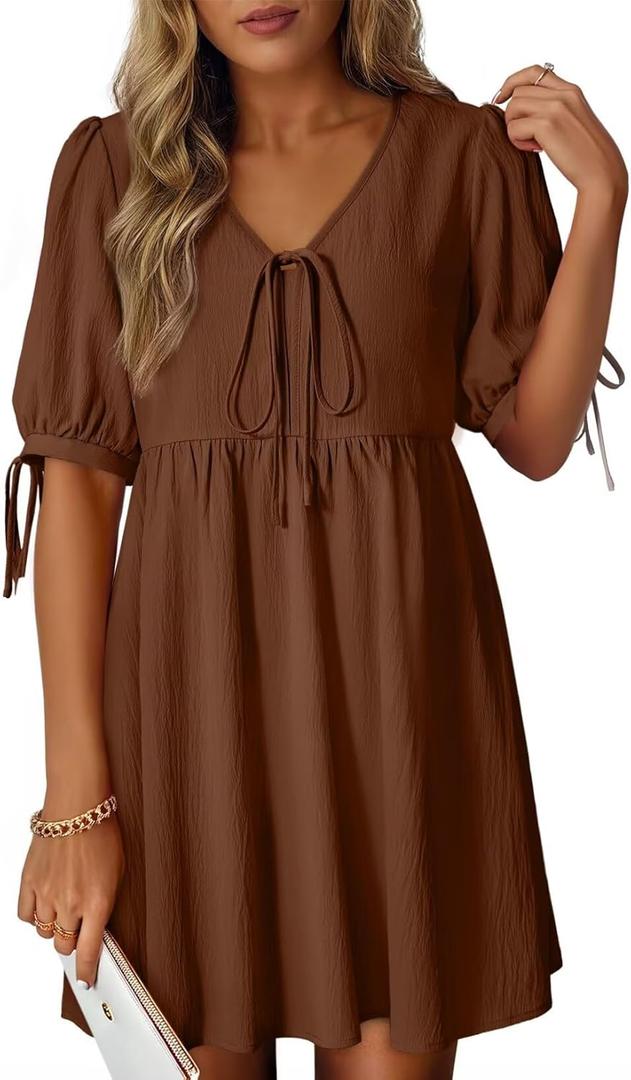 Dokotoo Chocolate Brown Summer Clothes Women's Summer Short Sleeve Tie Front Empire Waist A-Line Babydoll Loose Cute Mini Dress Coffee X-Large