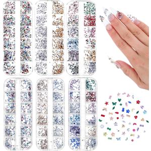 6 Boxes/72Gird 6000pcs Colorful Nail Art Rhinestones Charms, 3D Multi Shape Flatback Nail Jewels, Mini Nail Gem for Nails Art Design Heart Star Flower Nail Diamonds, Women Manicure Crafts DIY