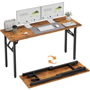 TEMI Long Computer Desk Folding Table - 55.1" Foldable Office Desk, No Assembly, Perfect Writing Table for Bedroom, Dorm, or Apartment, Portable Large Desk or Study Table with Compact Design, Brown