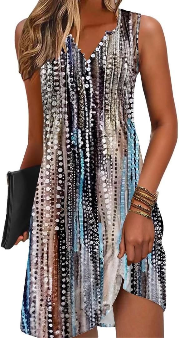 Disamer Beach Dresses for Women 2025 Vacation Swim Cover up V-Neck Summer Dress Button Down Sleeveless Boho Floral Sundress (Medium, Dewdrop Brown)