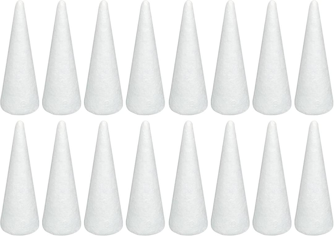 Crafjie 16 Pack Craft Foam Tree Cones for DIY Arts and Crafts (2.76 x 7.2in), White Polystyrene Foam Cone, Polystyrene Foam Cones, for DIY Christmas Gnomes, Christmas Tree, Holiday Decor