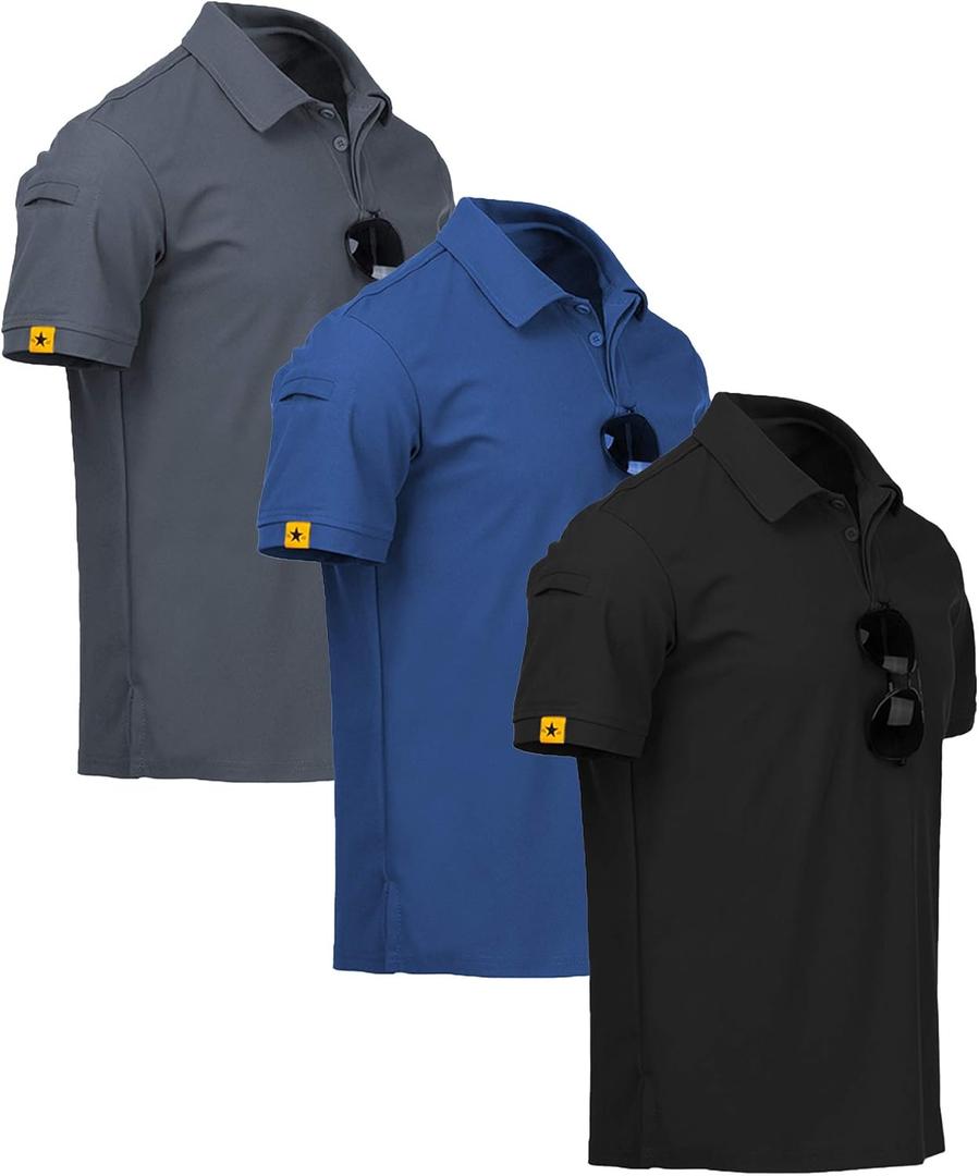 ZITY 3 Pack Mens Polo Shirt Short Sleeve Sports Performance Business Casual Golf Shirts for Men Collared Tactical T-Shirts (XX-Large, Black Blue Grey)