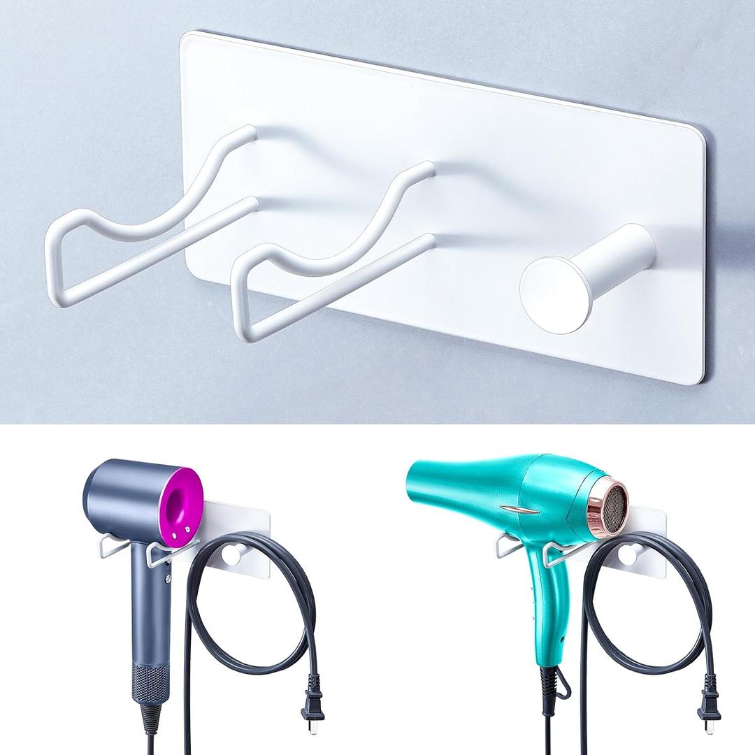 Hair Dryer Holder Wall Mounted, Universal Blow Dryer Holder, Hairdryer Storage Hanger with Plug&Cord Hook, Adhesive Hair Tool Organizer for Bathroom, White