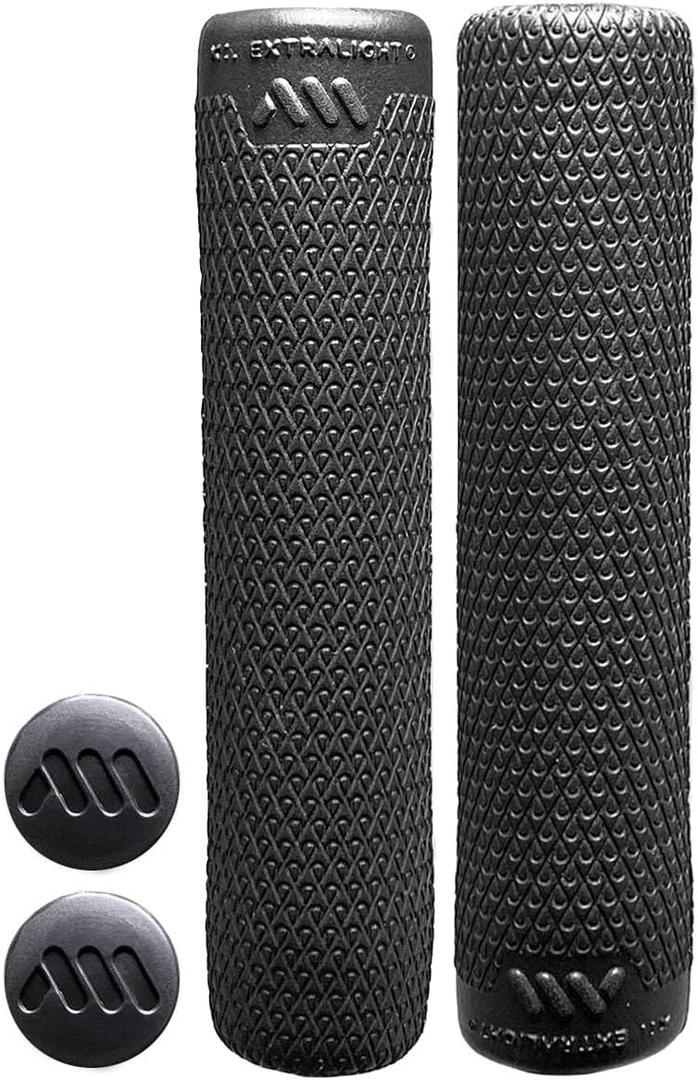 All Mountain Style Extralight Mountain Bike Grips with Plugs | Lightweight and Design for Your MTB, 18g | Fits All Handlebars | The Ideal Accessory for Your MTB (Black/White)