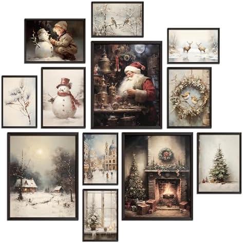 Pack of 2 Skyists Vintage Christmas Wall Art Prints Christmas Wall Decor, Reindeer, Pine Tree，Santa Claus, Snowman, Winter Scene Decorations for Living Room, Bedroom (Unframed), 8X10-5X7-4X6