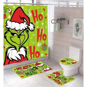 4 Pcs Christmas Shower Curtain Sets, Toilet Lid Cover and Non-Slip U Shape Bath Mat, Christmas Bathroom Decor Xmas Holiday Home Decor