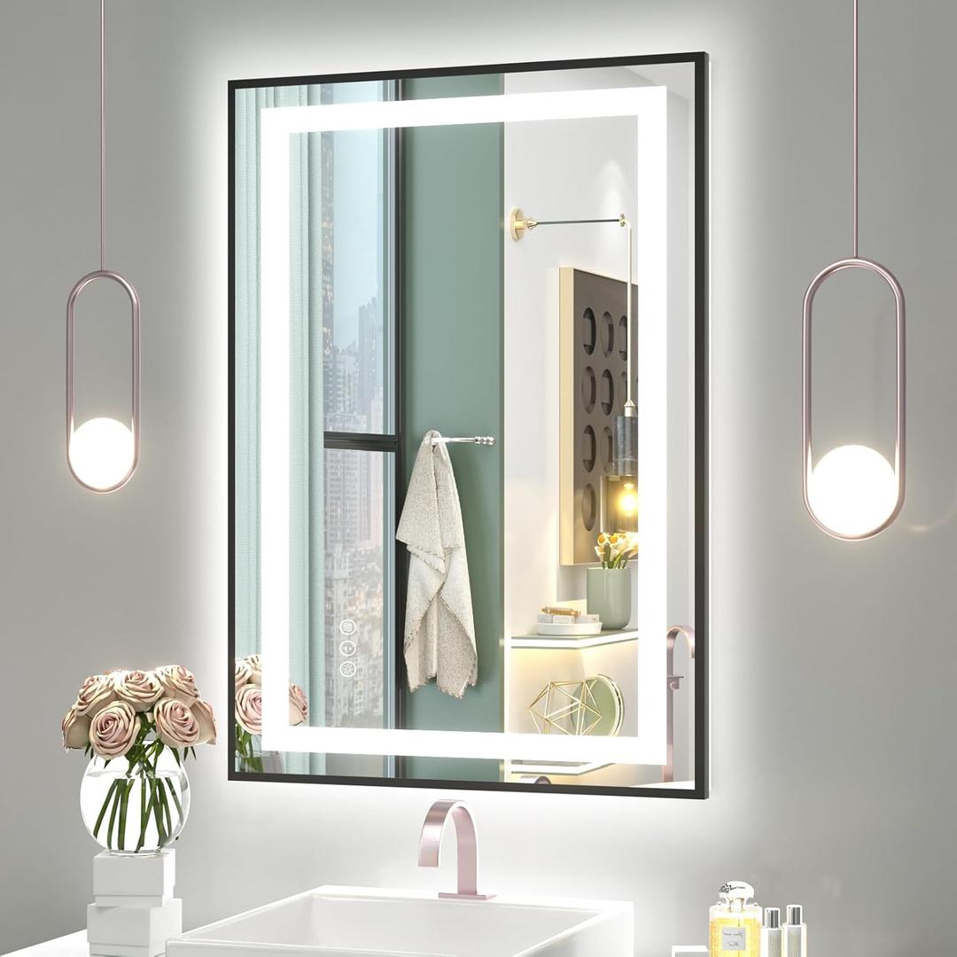 OKPAL 26x40 LED Bathroom Mirror, Frontlit & Backlit Lighted Bathroom Mirror, LED Vanity Mirror with Lights, Anti-Fog, Dimmable 3 Colors, Shatterproof, Horizontal/Vertical (Matte Black)