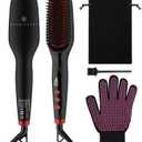 Ionic Hair Straightener Brush Upgrade 2.0,GLAMFIELDS Electrical Heated Hair Straightening with Faster Heating, MCH Ceramic Technology, Auto Temperature Lock, Anti Scald, Heat Resistant Glove(Black-01)