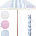 Aoxun 7ft Patio Umbrella with Fringe,Outdoor Beach Umbrella with Aluminum Pole, Ribs Push Button Tilt and Carry Bag, UV 50+ Picnic Tassel Umbrella (Blue&White)