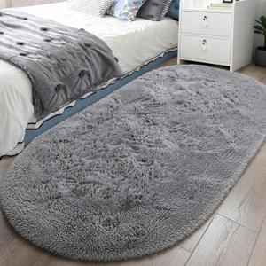 LOCHAS Bedroom Rug 2.6' x 5.3', Gray Fluffy Shaggy Area Rug for Bedroom Bedside, Soft Oval Throw Rugs Carpet for Kids Girls Nursery Living Room Home Decor (Grey)