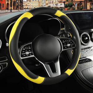 Leather Steering Wheel Cover, Breathable, Anti Slip & Odor Free, Black and Yellow (Round-Middle[14.5''-15''])