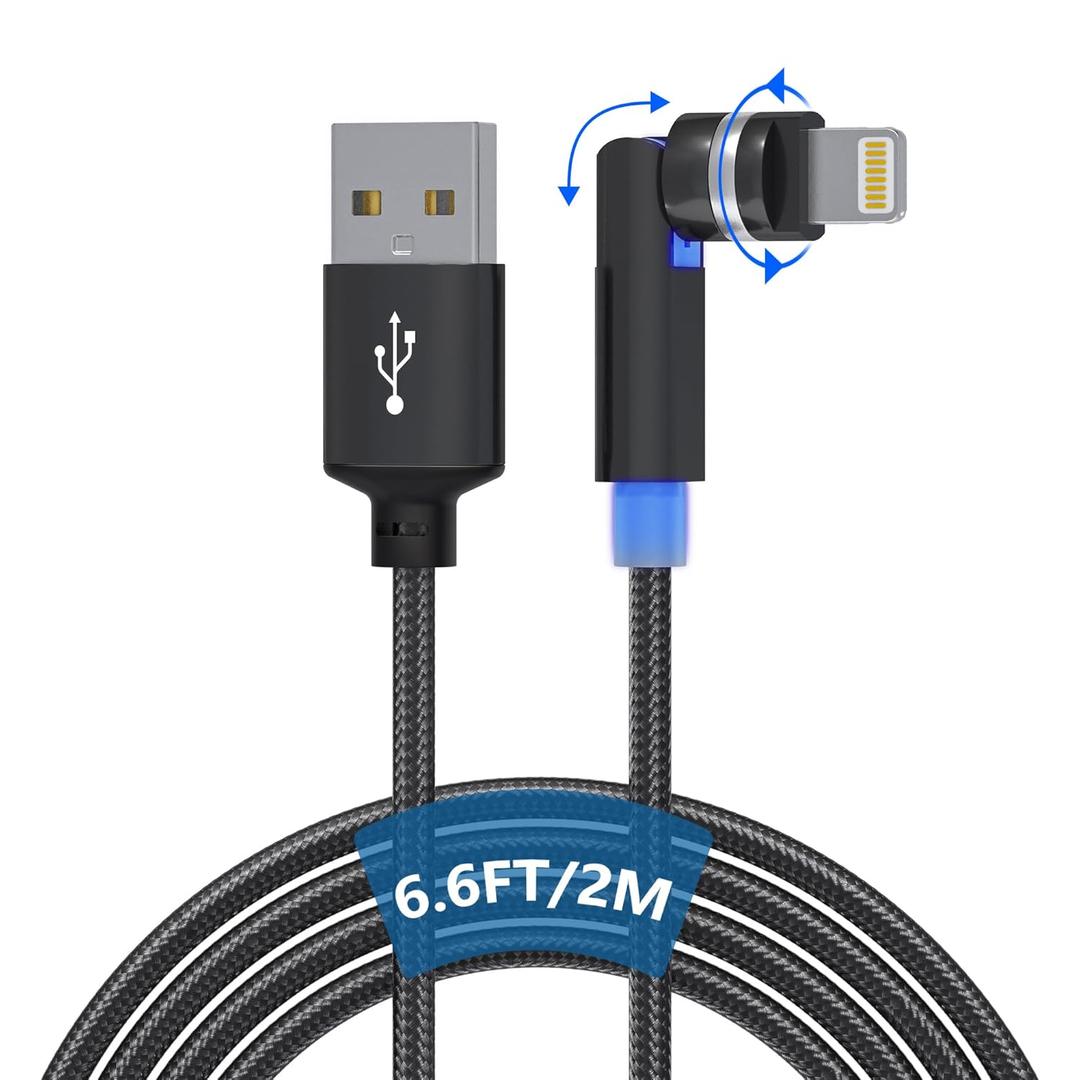 90 Degree Lightning Cable with 360 Degree Rotating Head 6.6FT [MFi & 2.4A Fast Charge & Data] Right Angle Nylon Braided iPhone Charger Cord Supports Apple Carplay iPhone14-5, Not Compatible with iPad