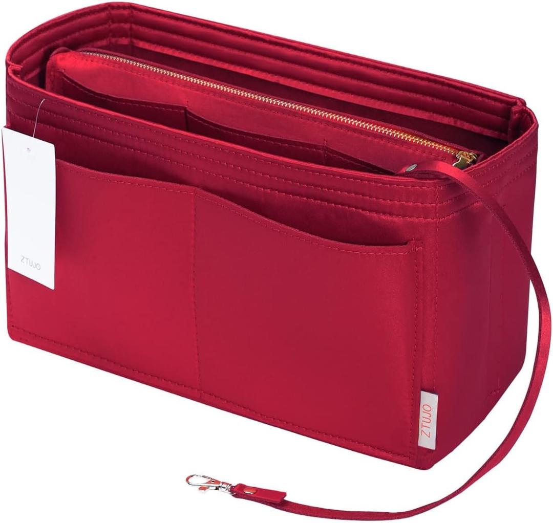 ZTUJO Purse Organizer Insert, Felt Bag Organizer with Metal Zipper, Handbag & Tote Shaper, For Speedy Neverfull Tote, 7 Sizes (Large, Ruby)