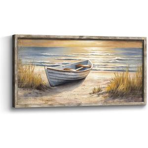 Beach Coastal Framed Wall Art: Ocean Boat Painting Sea Sunset Scenery Wooden Print Picture Seaside Seascape Grass Artwork Decor for Living Room Bedroom 40x20