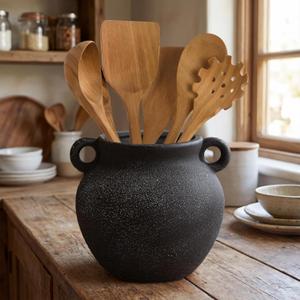 Qinyoung Rustic Kitchen Utensil Holder 6 Inch Small Ceramic Utensil Holder with Handle Vintage Crock Decoration Spatula Organizer for Kitchen Countertop Farmhouse Party Supplies (Black, Elegant)