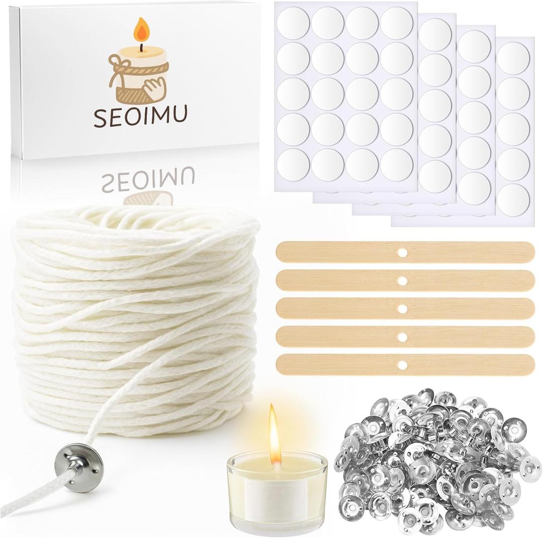 230 FT Candle Wicks with 125 Pcs Metal Candle Wick Sustainer Tabs, 80Pcs Candle Wick Stickers, 5Pcs Wooden Candle Wick Centering Device, 70m Cotton Candle Wicks for Candle Making Kit