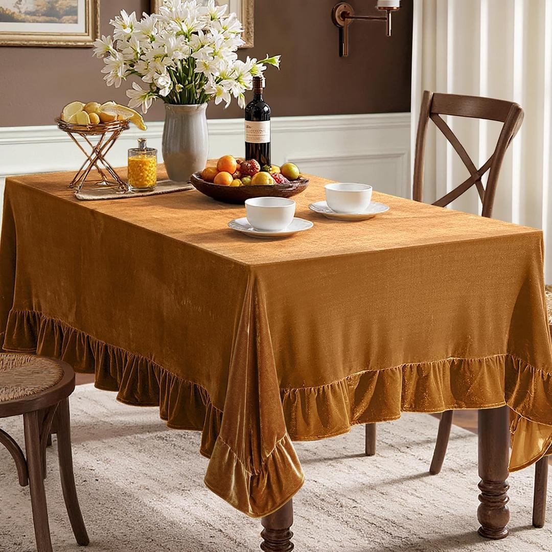 MIULEE Velvet Table Cloth with Decorative Ruffle Edge Luxurious Soft Washable Rectangular Tablecloth Thick Wrinkle-Resistant Oblong Table Cover for Kitchen Dining Party Wedding 60x102 Inch, Gold