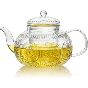 Pumtus Glass Teapot with Removable Infuser, 900 ML/30 OZ Vintage Clear Stovetop Safe Tea Kettle, Embossed Floral Borosilicate Glass Water Pot, Delicate Tea Maker Gift for Blooming Loose Leaf Tea