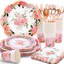 175PCS Floral Party Supplies, Mother's Day Paper Plates, Floral Plates and Napkins Sets for Mother's Day, Baby Shower, Wedding, Tea Party, Serves 25 Guest