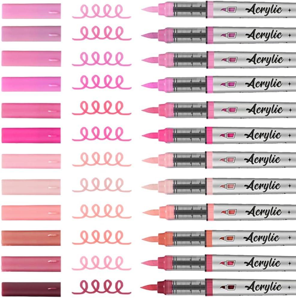 Mifuner Acrylic Paint Pens Set,12Colors Soft Brush Tip Acrylic Paint Markers, Direct-Liquid Ink System,Colored Marker Pen for Rocks,Wood,Ceramic,Canvas, Eggs DIY Painting Art Supplies.Pink