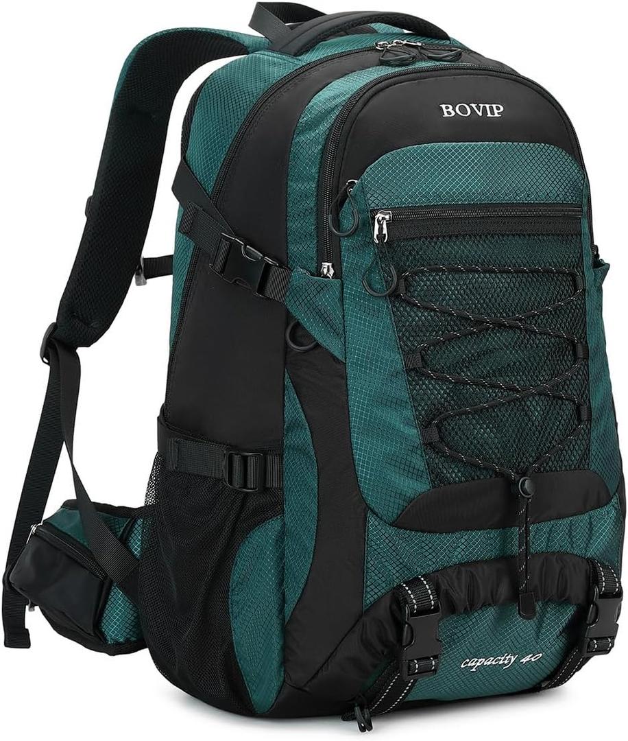 BOVIP 40L Hiking Backpack Waterproof Lightweight Daypack Travel Sports Camping Backpack for Men Women (Dark Green)