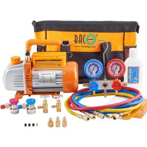 BACOENG 3.6CFM 1/4HP AC Vacuum Pump and Gauge Set, HVAC Vacuum Pump Kit for AUTO Air Conditioning System, Manifold Gauge Set for R134a R12 R410a Refrigerants - w/ R134a Can Tap and Quick Couplers