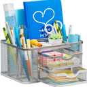 Marbrasse Mesh Desk Organizer, Pen Organizer with 2 Drawer, Multi-Functional Pencil Holder, Desk Organizers and Accessories with 5 Compartments + Drawer for Office Art Supplies (Silver)