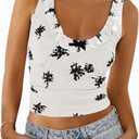 Tankaneo Womens Ruffle Deep V Neck Tank Tops Summer Sexy Floral Print Sleeveless Fitted Shirts Trendy Y2k Going Out Crop Tops (White, S)