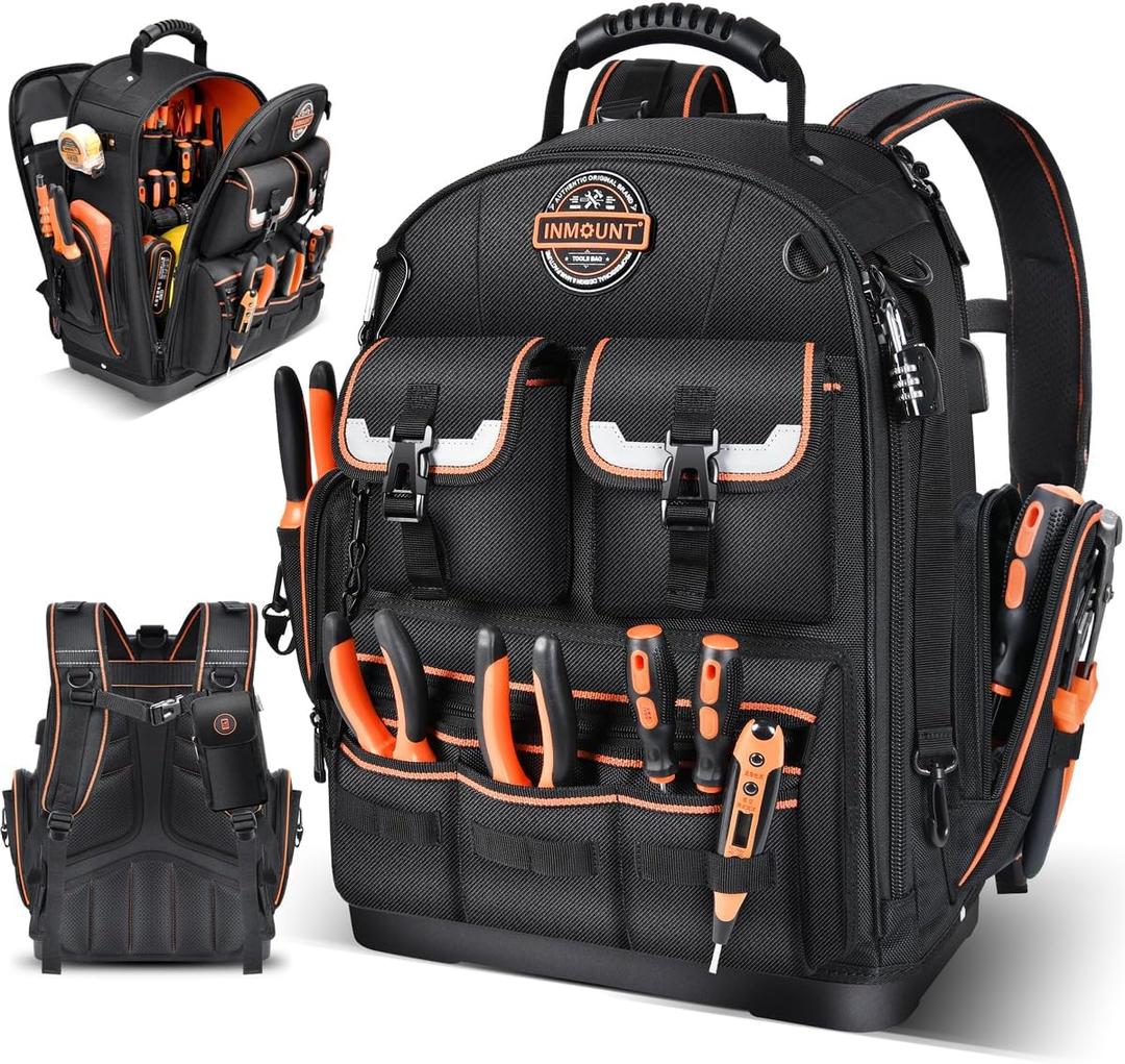LOKASS Tool Backpack Heavy Duty with Molded Bottom, 1680D 56-Pocket Tool Bag Organizer with Laptop Compartment & Combination Lock, Durable Water-Resistant Electrician & HVAC Tool Backpack - Black