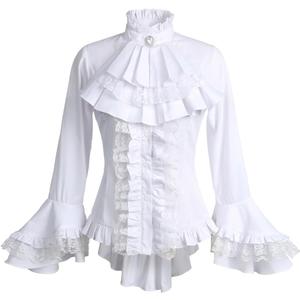Gothic Victorian Blouse for Women Sweet Lolita Shirt High Low Irregular Ruffles Lotus Hem Medieval Tops (US, Alpha, 3X-Large, Regular, Regular, White)