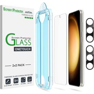 amFilm [2+2 Pack OneTouch Tempered Glass Screen Protector for Samsung Galaxy S23+/S23 Plus 6.6 Inch with Camera Lens Protector, 9H Hardness, Easy Installation and Bubble Free.
