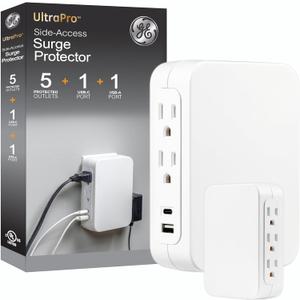 GE USB C 5 Outlet Extender, Side-Access, Wall Tap Surge Protector, Multi-Plug, USB A, 3-Prong, Secure Install, White, 83503