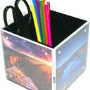 4-side Acrylic Photo Block Cube Tabletop Pen holder Desktop Storage Organizer for Office Classroom Home Packaging Containers of Plastic Picture Frame for 5" x5" photo size