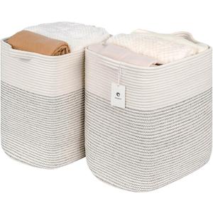 Storage Baskets for Clothes Fabric Cotton Rope Storage Basket bins with Handles, Decorative Woven Basket for Living Room,Closet Organizer Blankets Tall 2 bags White/Black Line, L14W11H14