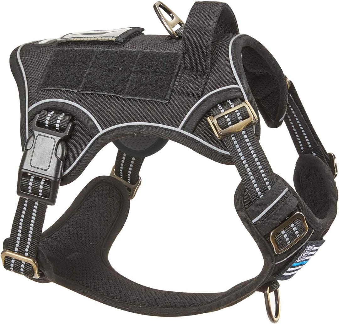 BUMBIN Tactical Dog Harness for Medium Dogs, No Pull, Reflective, Adjustable, Black, M(Neck:16-20", Chest:17-27")