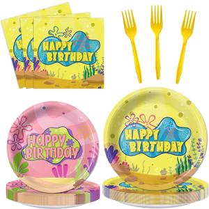Yellow Cartoon Birthday Party Tableware Set Ocean Theme Plates, Napkins, Forks, Disposable Party Decorations for Kids Birthday, Sea Underwater Theme Supplies for 24 Guests