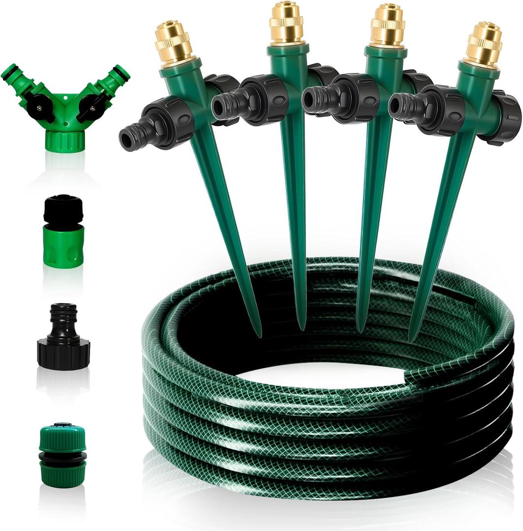 Joyhalo 4 Pack Flexible Sprinkler System with Spike Base, Above Ground Sprinkler System kit, Multi-Adjustable Irrigation Sprinkler Set for Yard, Lawn, 32.5FT Garden Hose Included