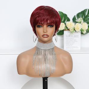 Short Pixie Cut Human Hair Wig For Black Women Human Hair Glueless None Lace Front Wig With Bangs Natural Straight Wigs For Daily Use Wear and Go (burgundy-4")